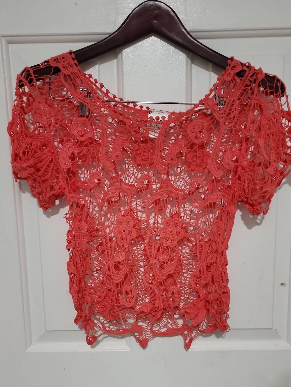Womens Coral Crochet Lace Short Sleeve Top